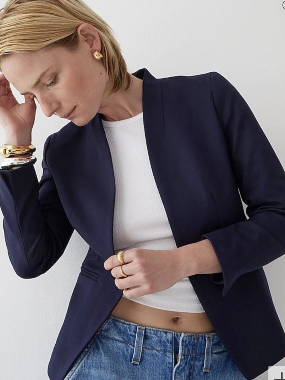 J.Crew Womens Blazer Going Out Stretch Twill Open Front Jacket Navy Blue Size 10